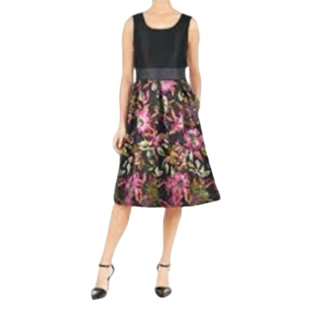 eShakti Floral Brocade Party Dress Women’s Sz 14 Shimmer Pockets Black Prpl Pink
